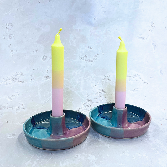 Ella Fletcher Designs Handmade Ceramics Two candlestick holders in Scottish Sunrise Design