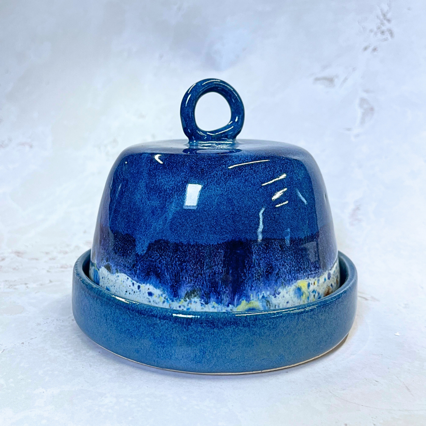Ella Fletcher Designs Handmade Ceramics Butter Dish in Navy Blue Shoreline - Navy dish and domed lid with multi-coloured speckles inspired by the shoreline of East Lothian