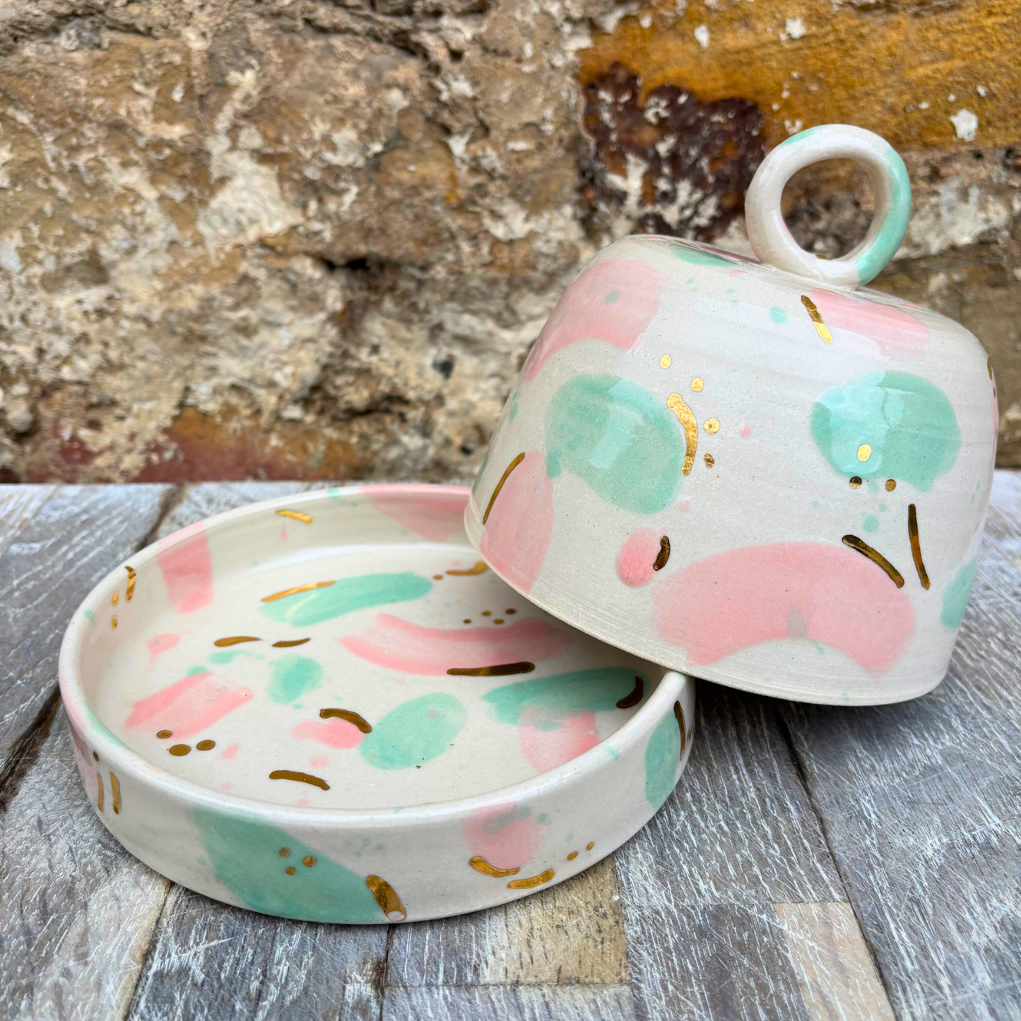 Handmade butter dish with pink and green sea glass inspired design
