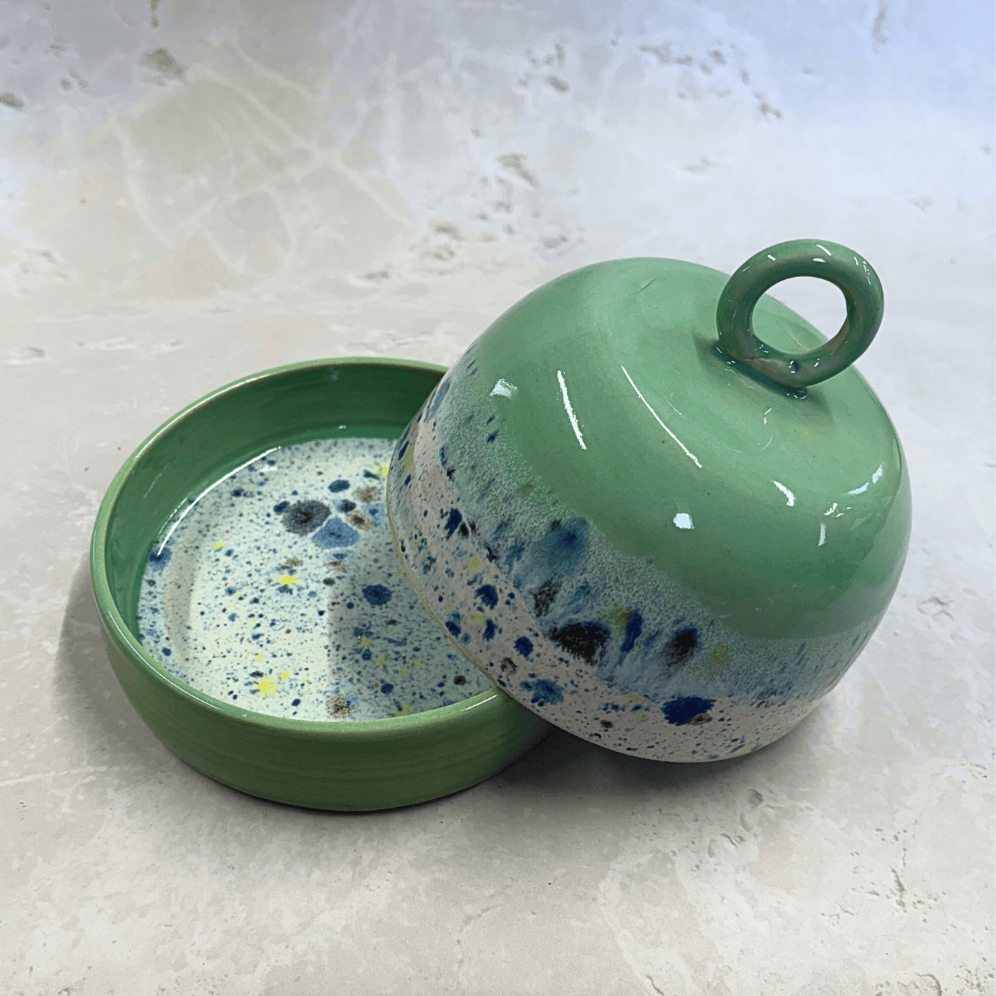 Ella Fletcher Designs Handmade Ceramic Butter Dish in Green Shoreline - green dish and domed lid with multi-coloured speckles inspired by the shoreline of East Lothian