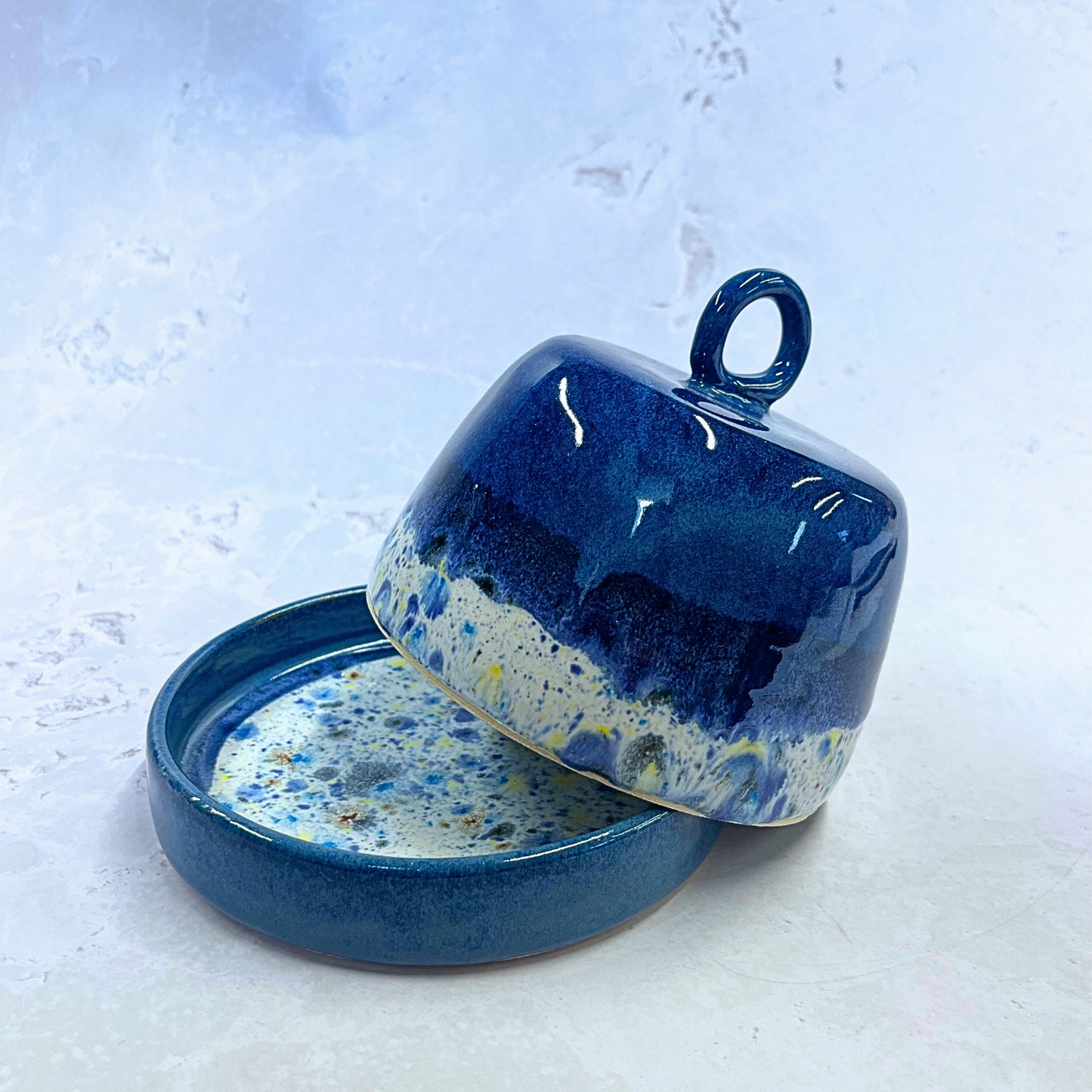 Ella Fletcher Designs Handmade Ceramic Butter Dish in Navy Blue Shoreline - Navy dish and domed lid with multi-coloured speckles inspired by the shoreline of East Lothian