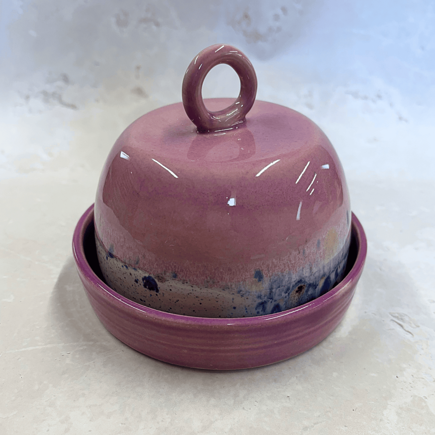 Ella Fletcher Designs Handmade Ceramic Butter Dish in Pink Shoreline - pink dish and domed lid with multi-coloured speckles inspired by the shoreline of East Lothian