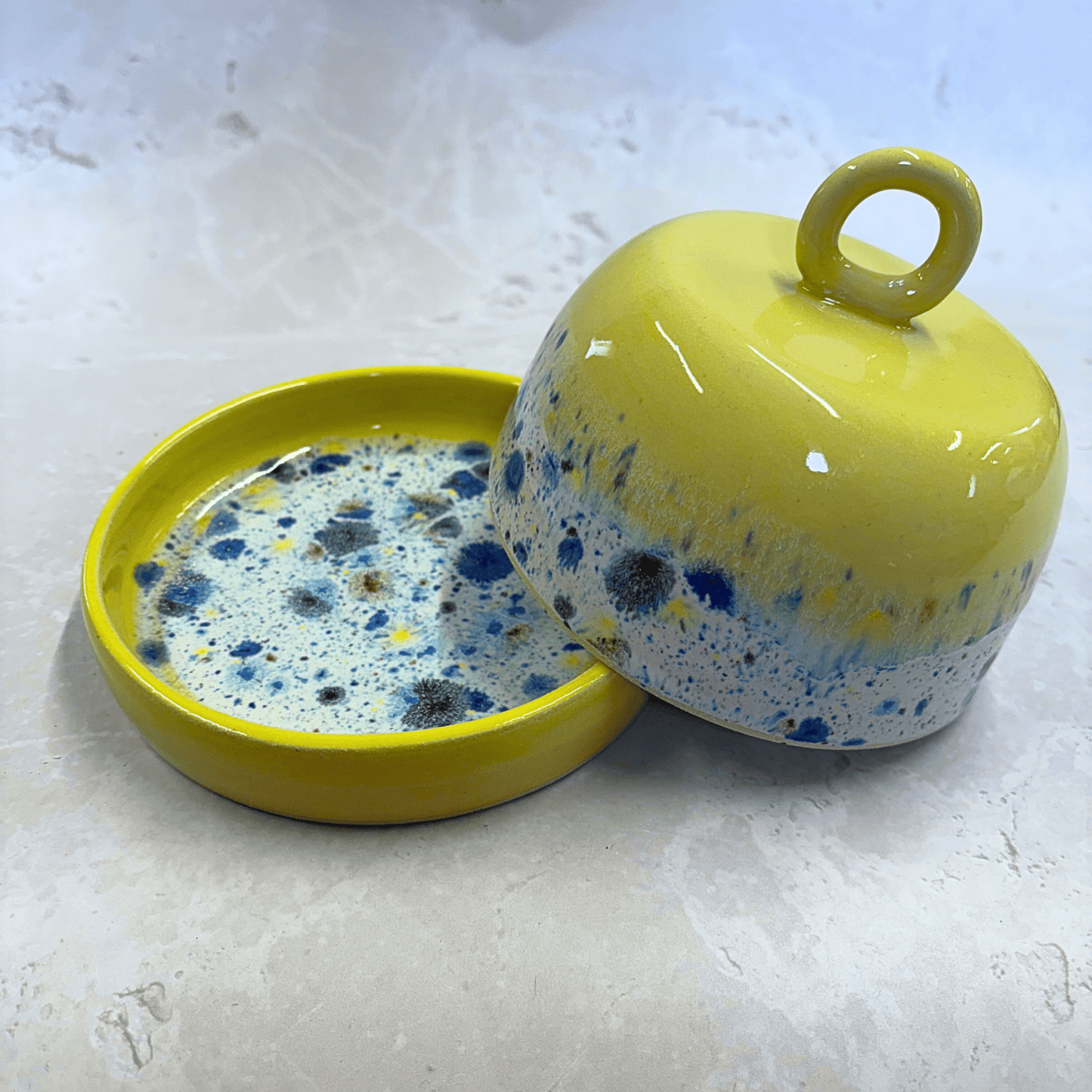 Ella Fletcher Designs Handmade Ceramic Butter Dish in Yellow Shoreline - yellow dish and domed lid with multi-coloured speckles inspired by the shoreline of East Lothian