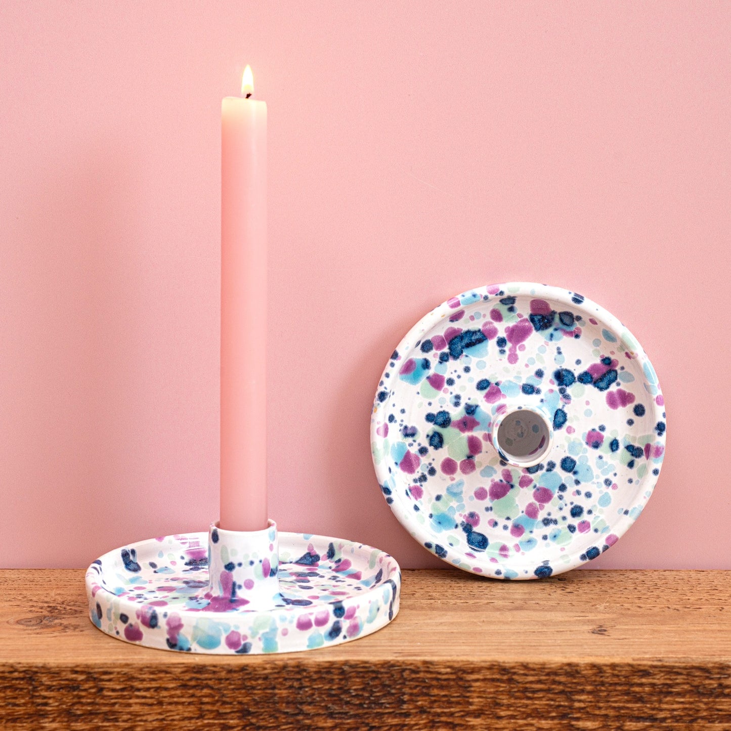 Ella Fletcher Designs Handmade Ceramic Candle Holder in Sweetpea, circular candlestick holder with round base to catch wax drippings