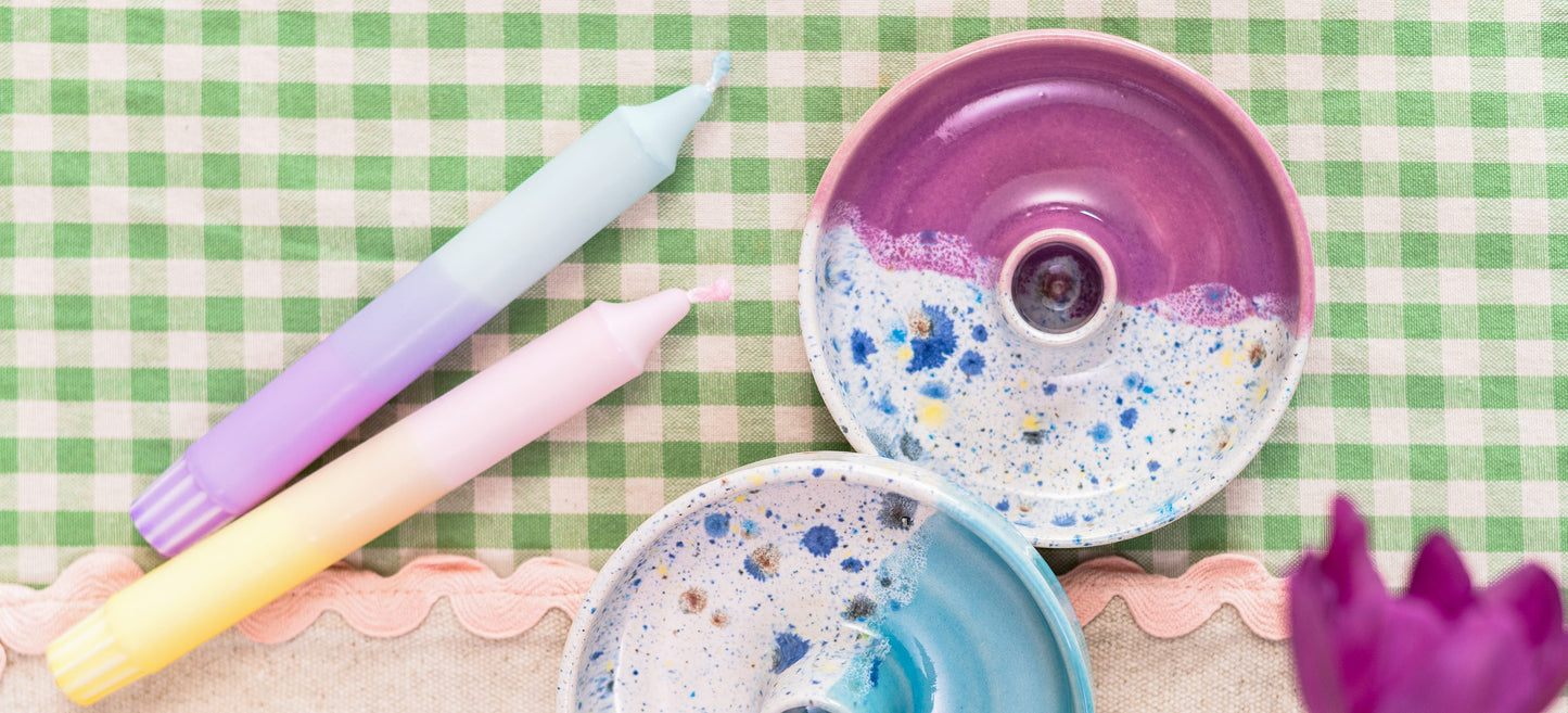 Ella Fletcher Designs Handmade Ceramic in pink and blue shoreline candlestick holder