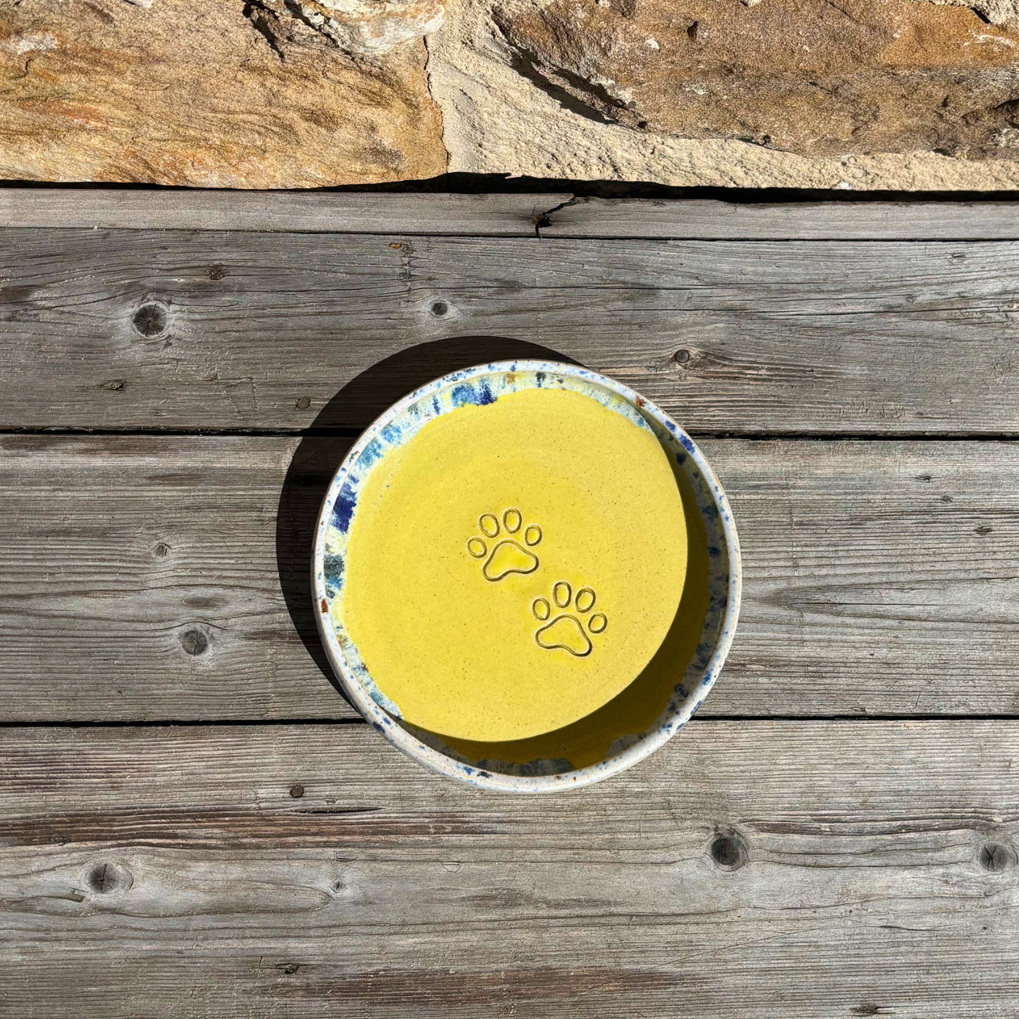 Yellow cat bowl with paw prints in a ceramic bowl on wooden surface