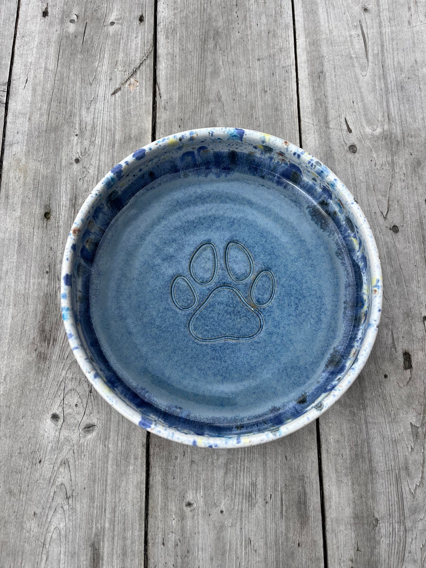 Blue ceramic bowl with a paw print design on a wooden surface