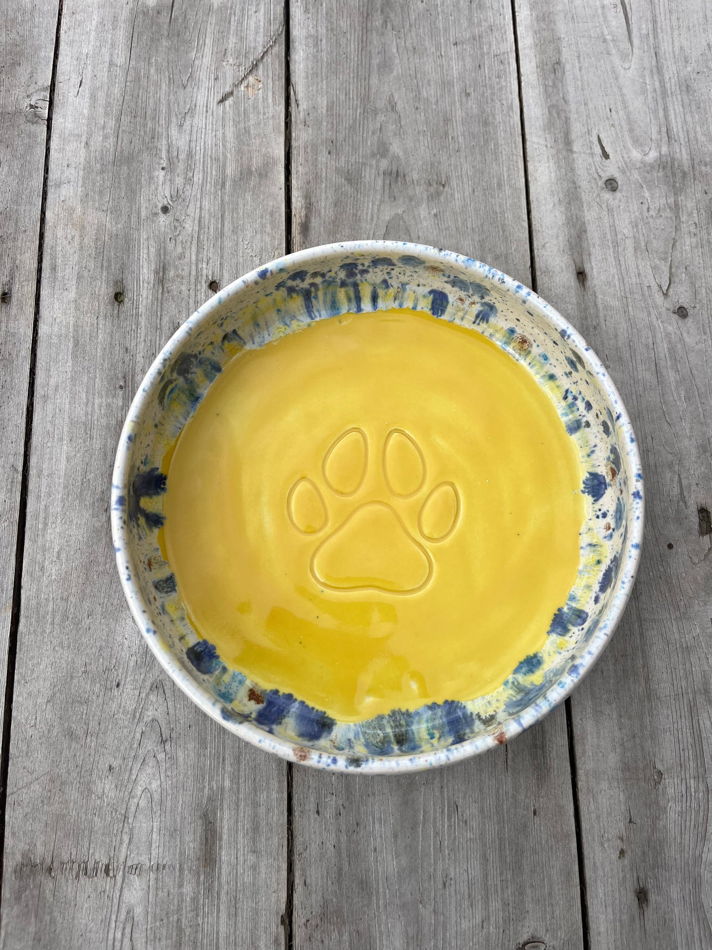 Yellow shoreline dog bowl with a paw print design on a wooden surface