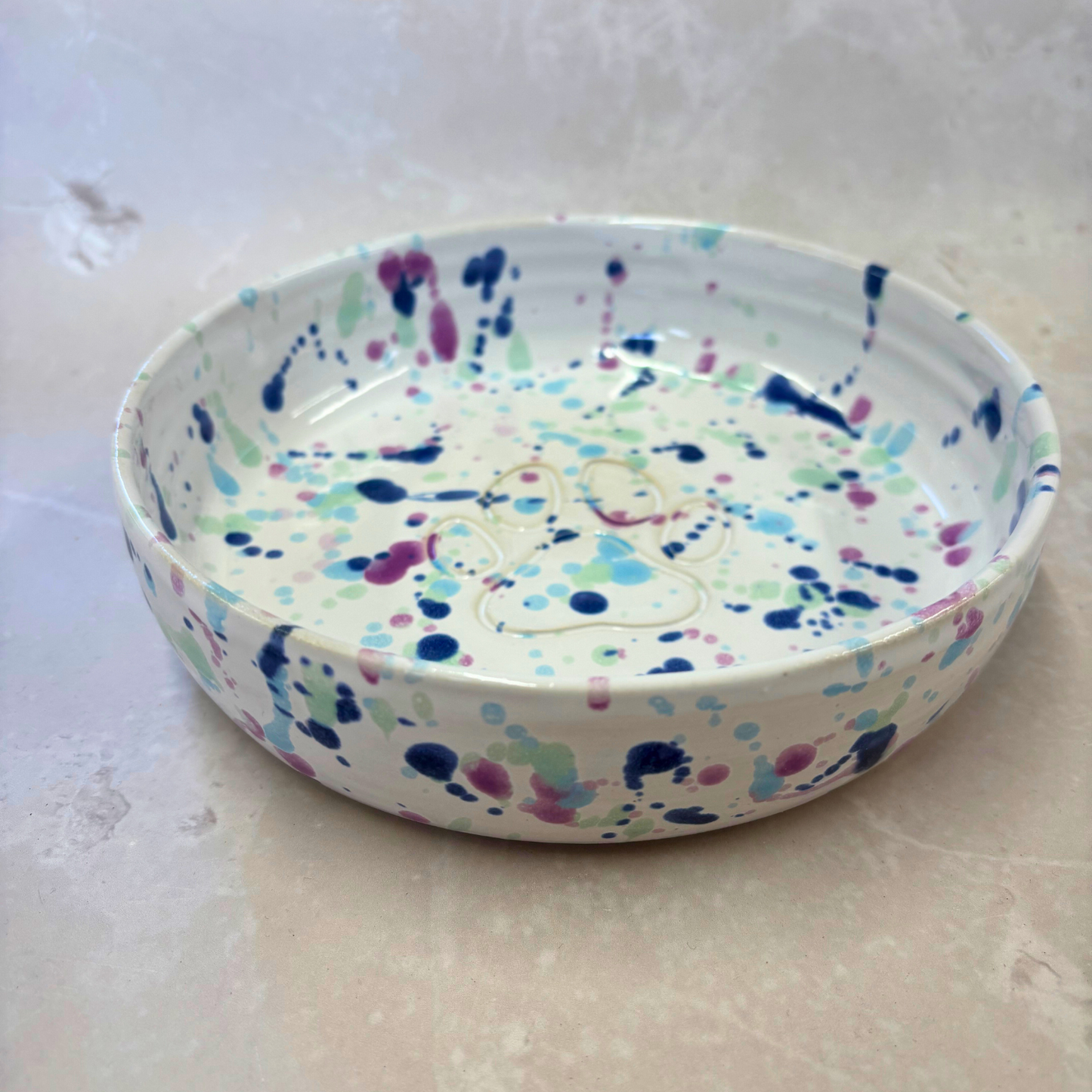 Round ceramic plate with colorful splatter design and a dog paw on a light gray background
