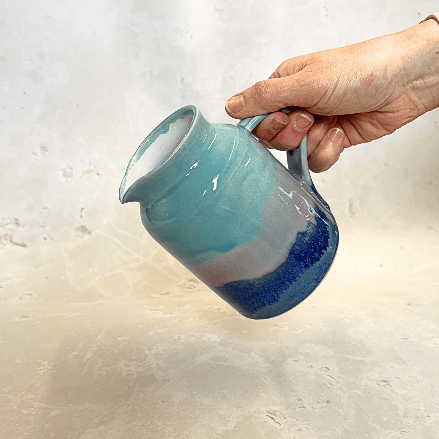 Ella Fletcher Designs Handmade Ceramic Jug in Scottish Sunrise Landscape, pottery jug with layers of pinks and blues