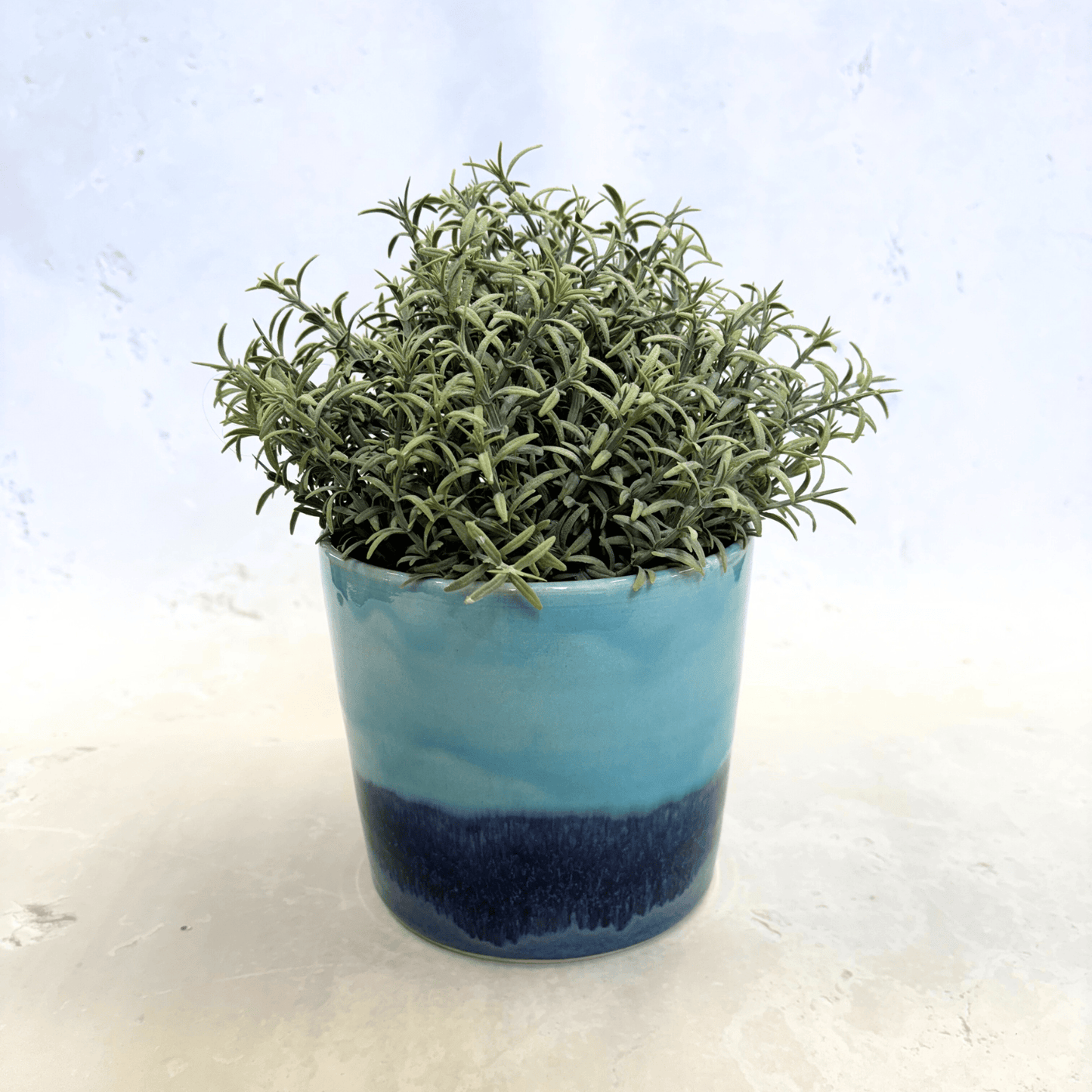 Ella Fletcher Designs Handmade Ceramic Pot in Blue Landscape, plant pot with layers of light and dark blues