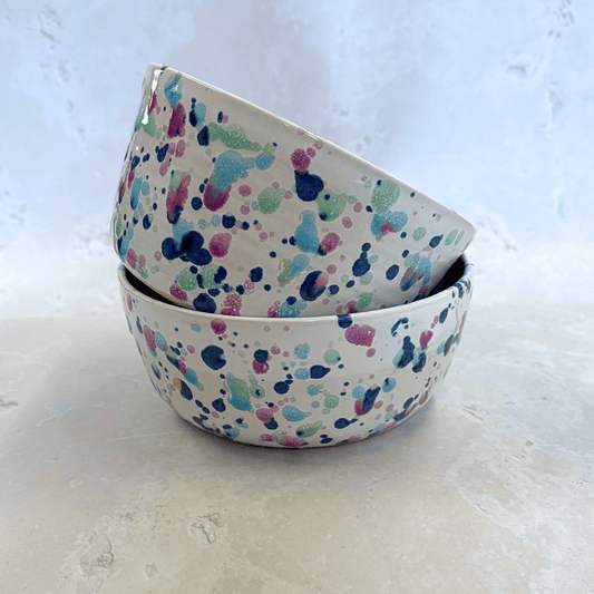 Ella Fletcher Designs Handmade Ceramic Ramen Bowls in Sweetpea Design, two stacked bowls, both with white background speckled with blues, pinks and greens