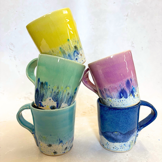 Ella Fletcher Designs Handmade Ceramic standard mugs in the shoreline range, one of each colour
