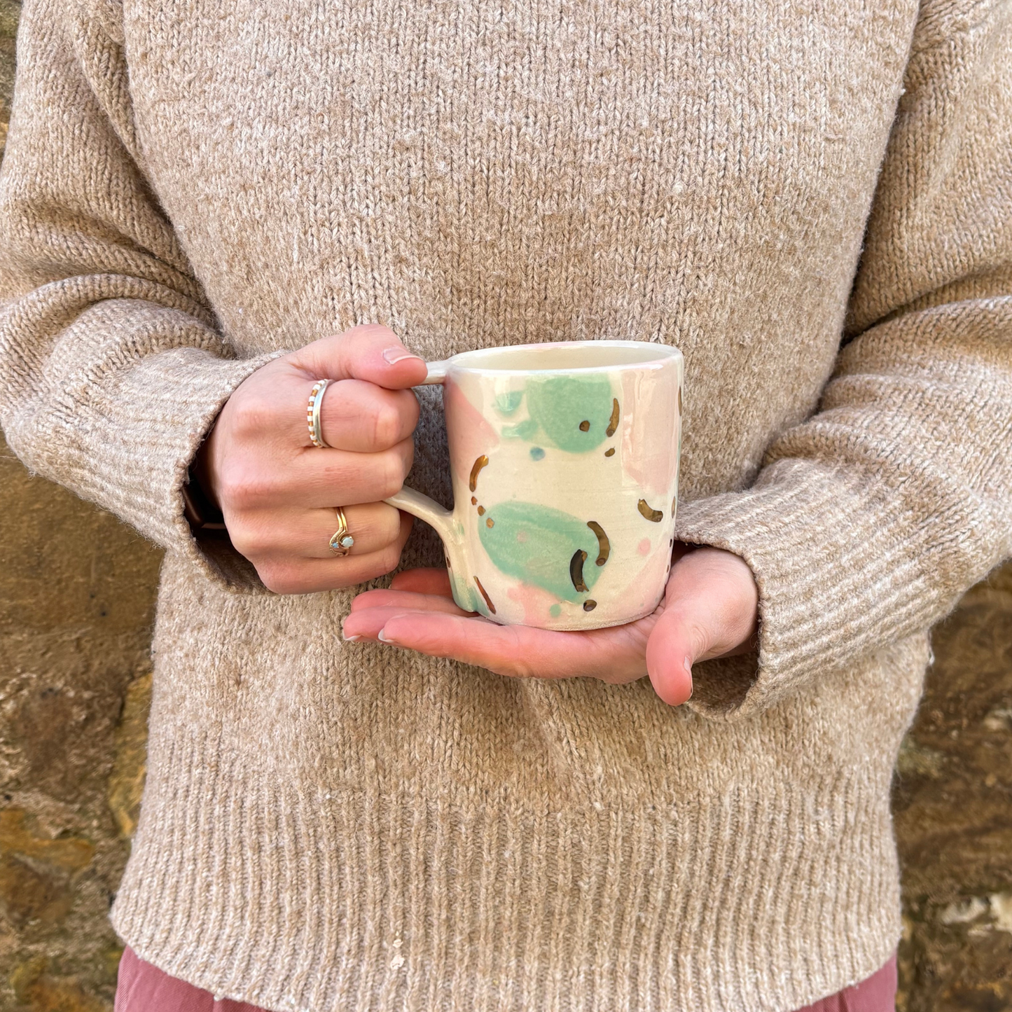 Ella Fletcher Designs UK Handmade Ceramic Mug in green and pink sea glass design