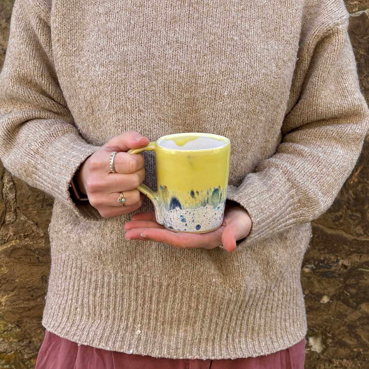 Ella Fletcher Designs Handmade Ceramics mug in yellow shoreline design, bespoke yellow mug