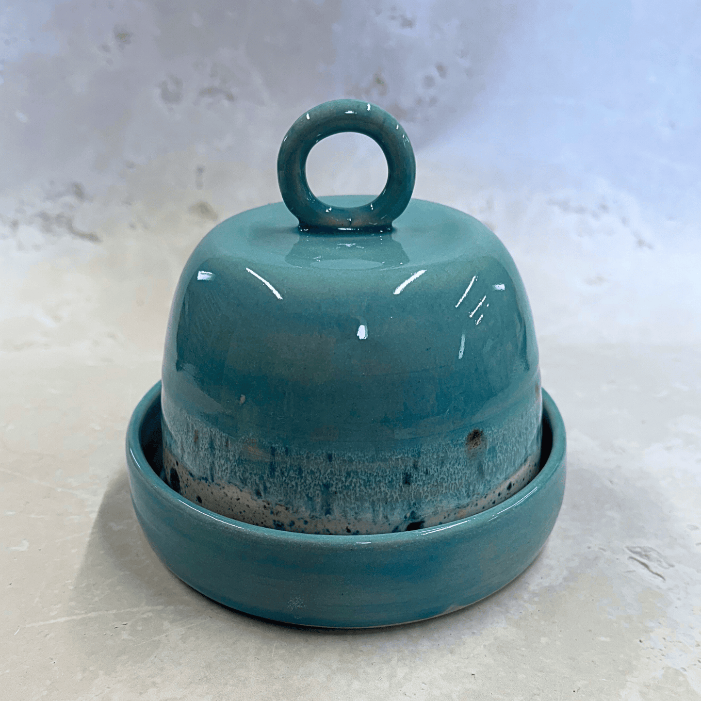 Ella Fletcher Designs Handmade Ceramic Butter Dish in blue Shoreline - blue dish and domed lid with multi-coloured speckles inspired by the shoreline of East Lothian
