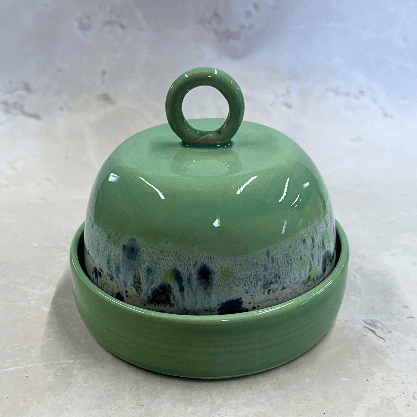 Ella Fletcher Designs Handmade Ceramic Butter Dish in green Shoreline - green dish and domed lid with multi-coloured speckles inspired by the shoreline of East Lothian