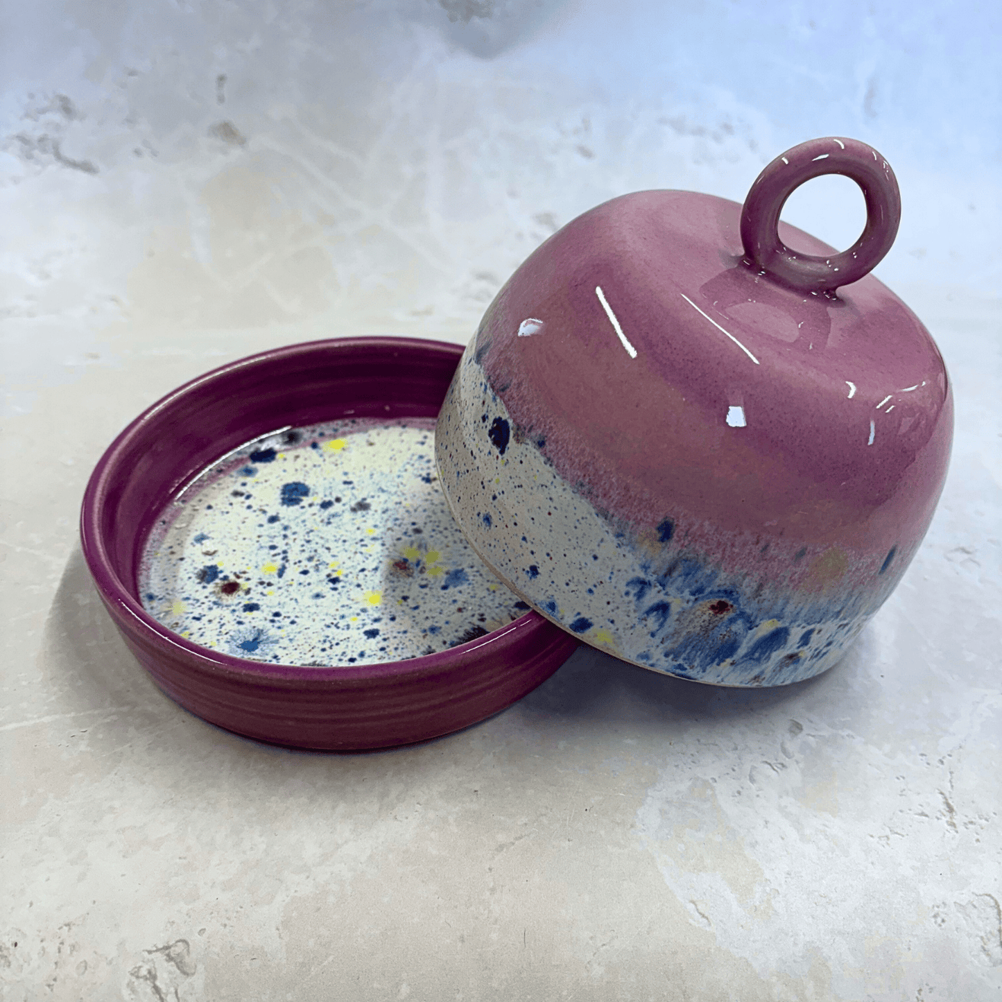Ella Fletcher Designs Handmade Ceramic Butter Dish in Pink Shoreline - pink dish and domed lid with multi-coloured speckles inspired by the shoreline of East Lothian