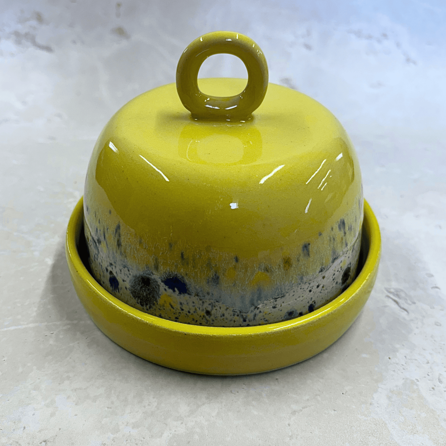Ella Fletcher Designs Handmade Ceramic Butter Dish in Yellow Shoreline - yellow dish and domed lid with multi-coloured speckles inspired by the shoreline of East Lothian