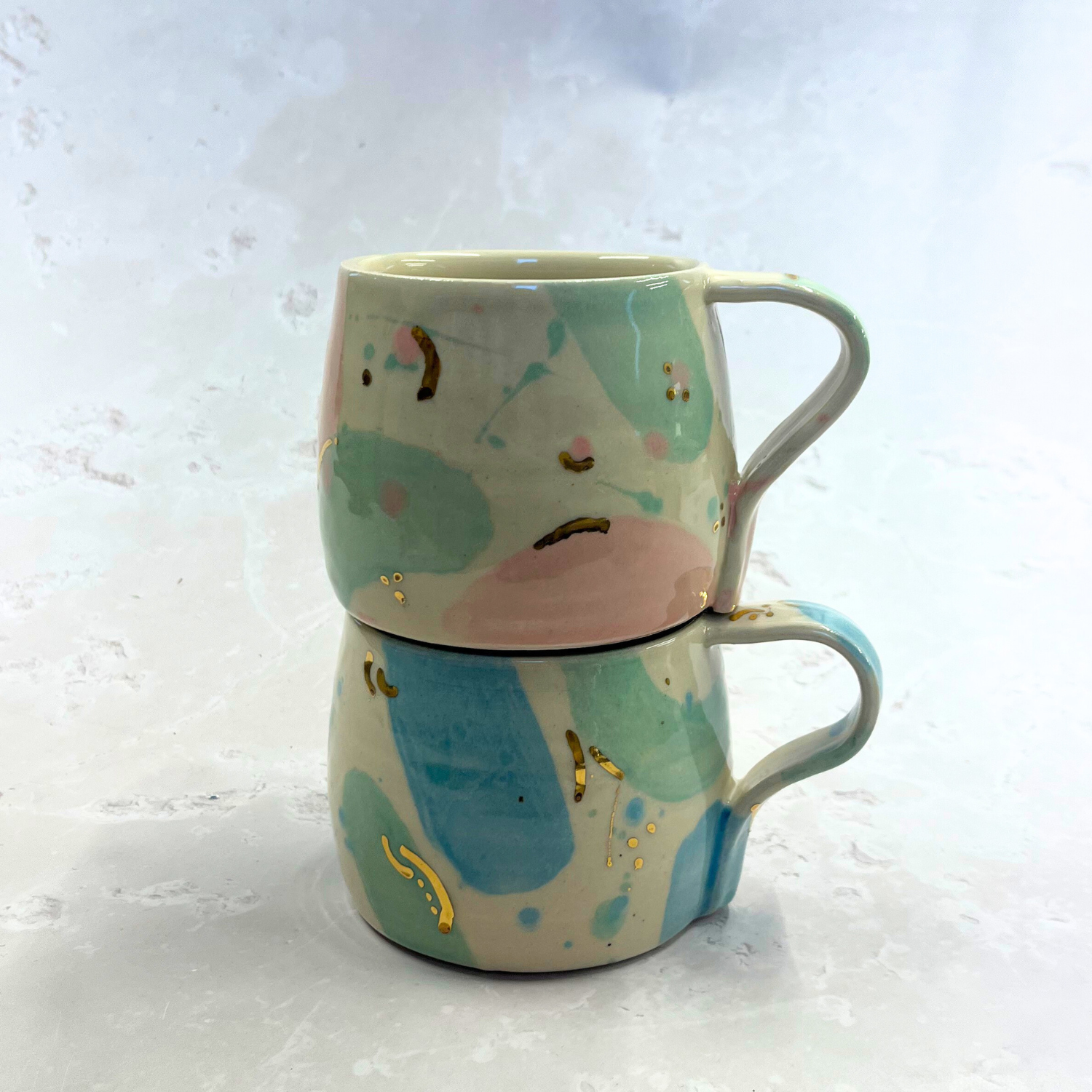 Ella Fletcher Designs Handmade Ceramic stacked mugs large round mugs sea glass design