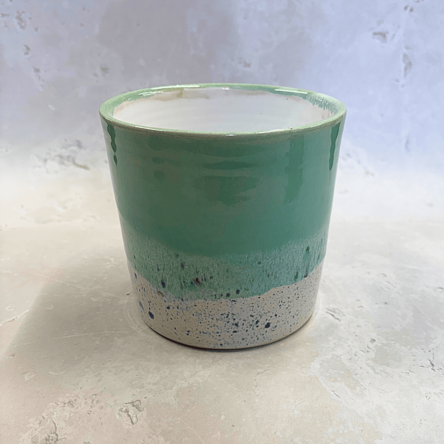 Ella Fletcher Designs Handmade Ceramics Pot in Green Shoreline, plant pot with green and multi-coloured speckles