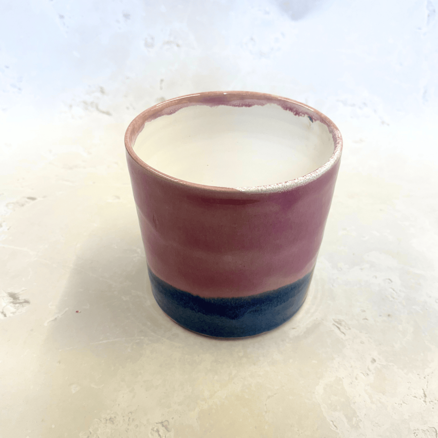 Ella Fletcher Designs Handmade Ceramic Pot in Blue Landscape, plant pot with layers of pinks and blues