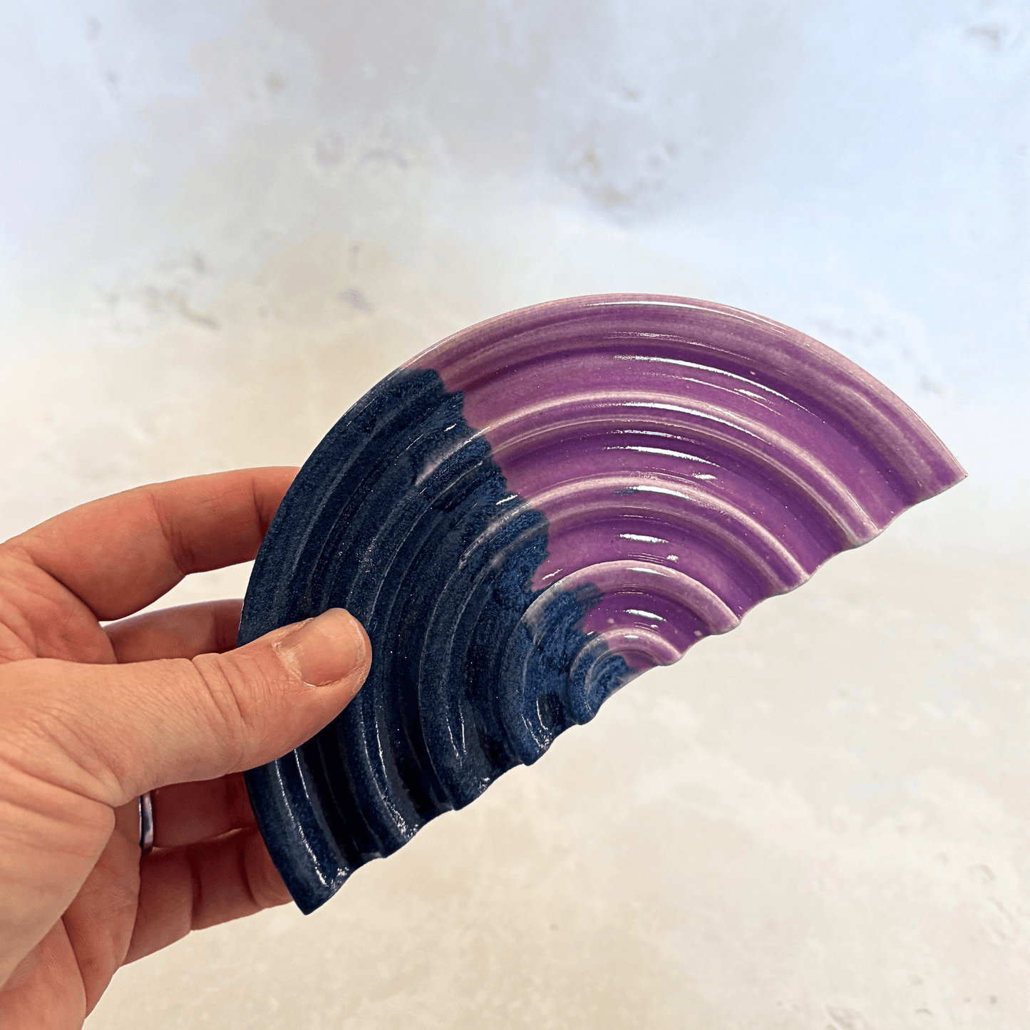 Ella Fletcher Designs Handmade Ceramics Soap Dish in Pink Landscape, semi-circle dish with ridges in layers of pink and blue