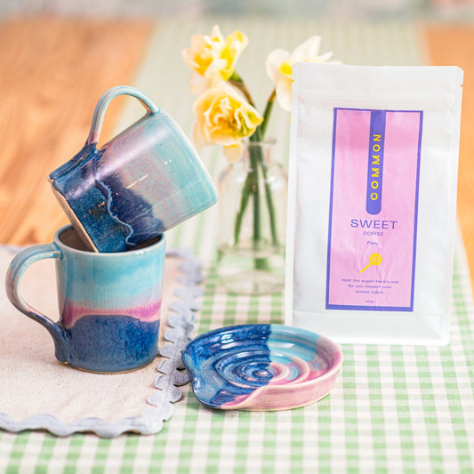 Ella Fletcher Designs Handmade Ceramic coffee gift set in scottish sunrise landscape design