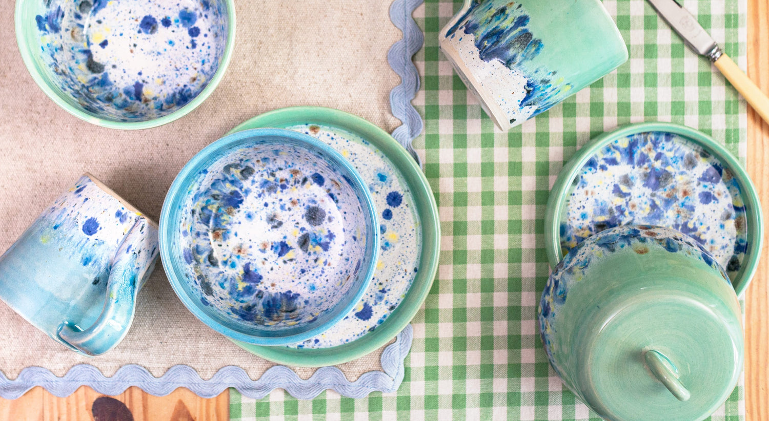 Ela Fletcher Designs Handmade Ceramics Shoreline Breakfast Set in green shoreline featuring two mugs, bowls, a side plate and  butter dish