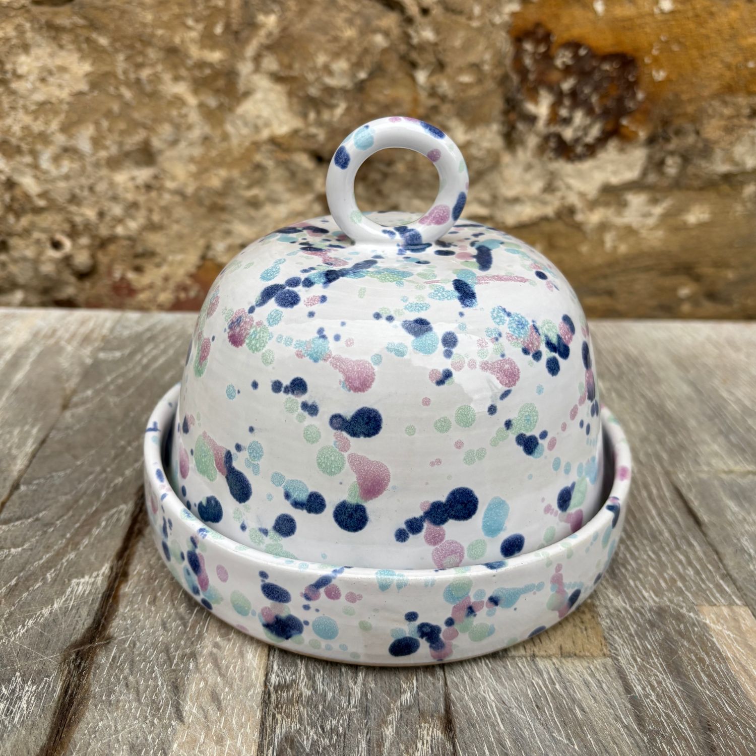 Handmade ceramic butter dish in splatter design