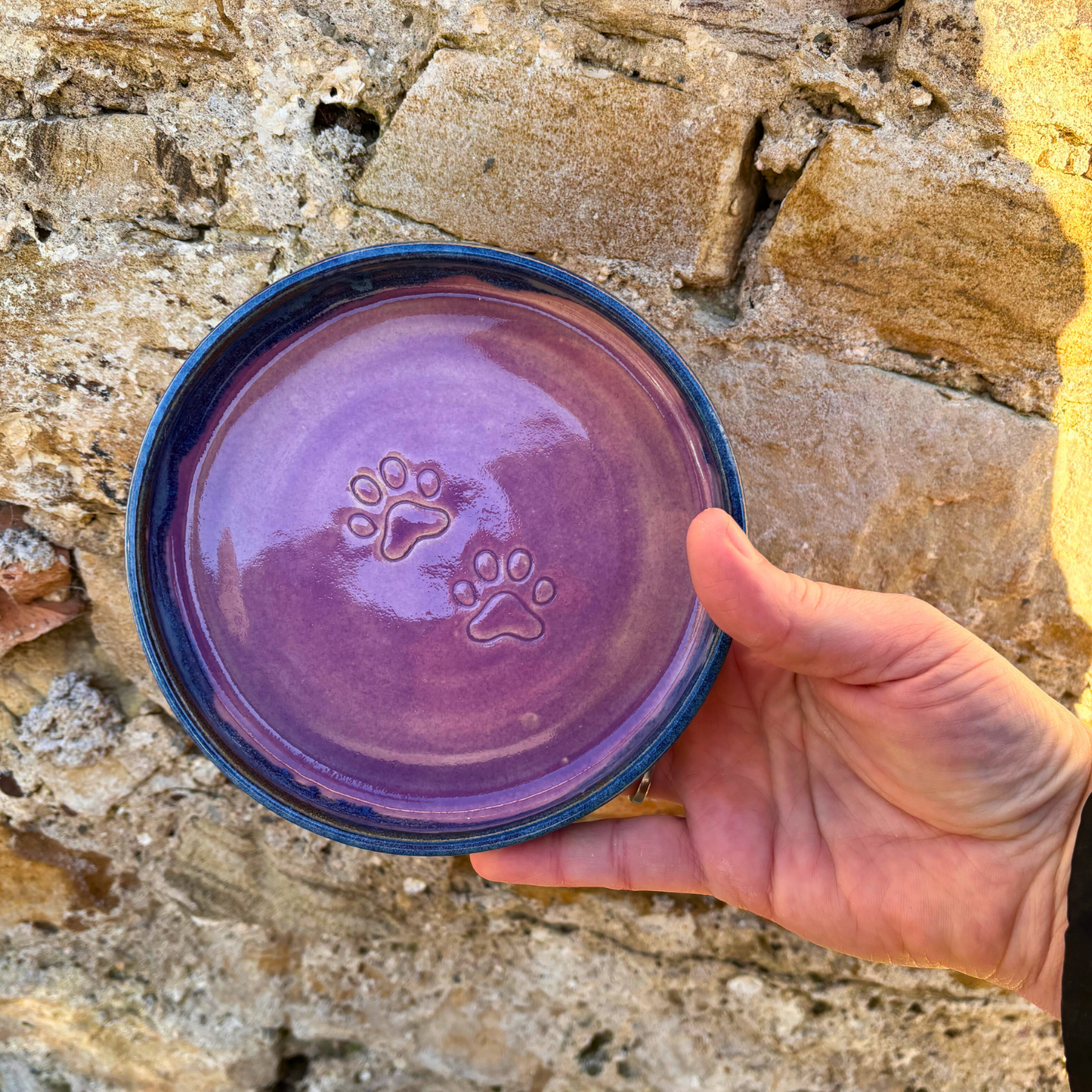 Hand holding a purple ceramic bowl with paw prints against a stone background