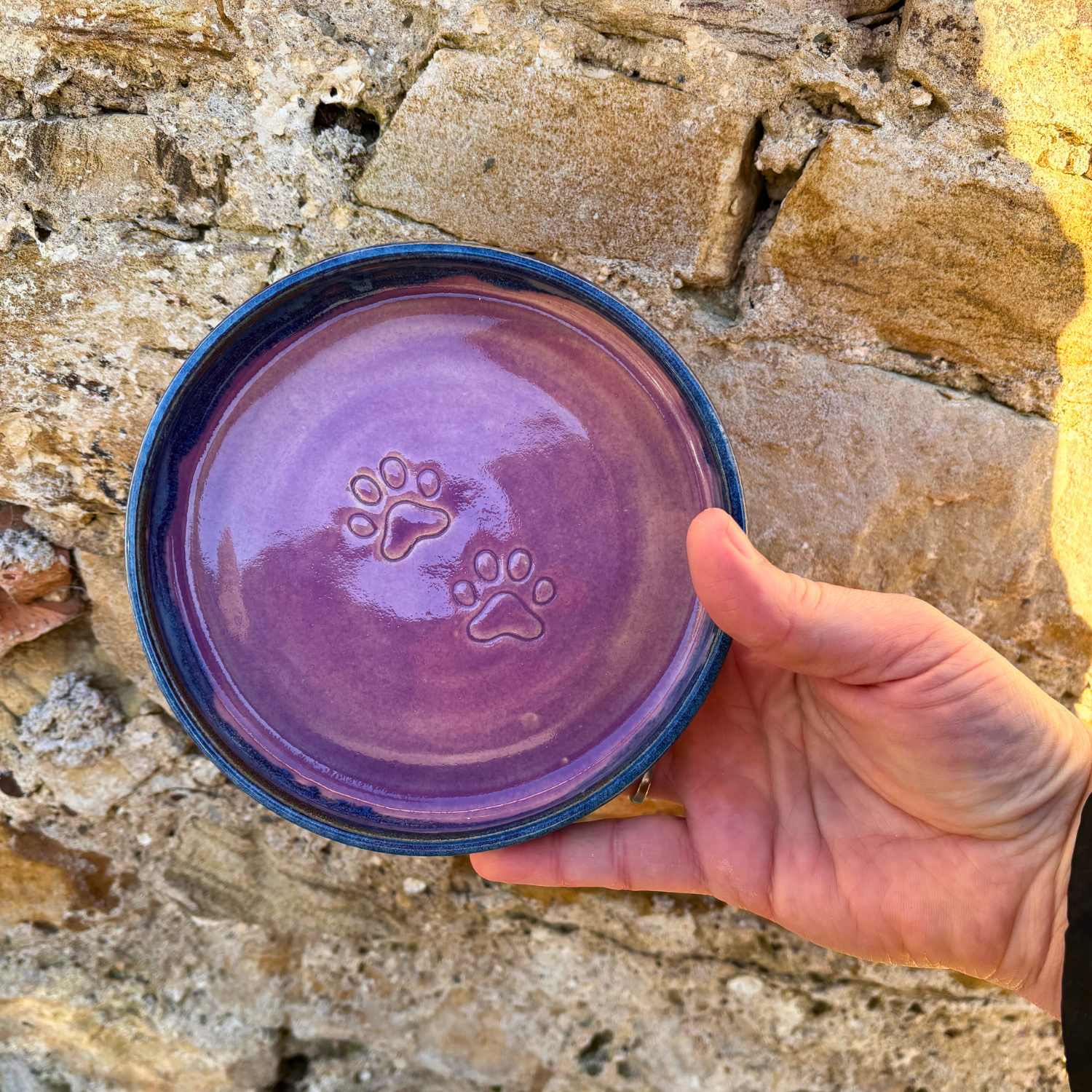 Hand holding a purple ceramic bowl with paw prints against a stone background