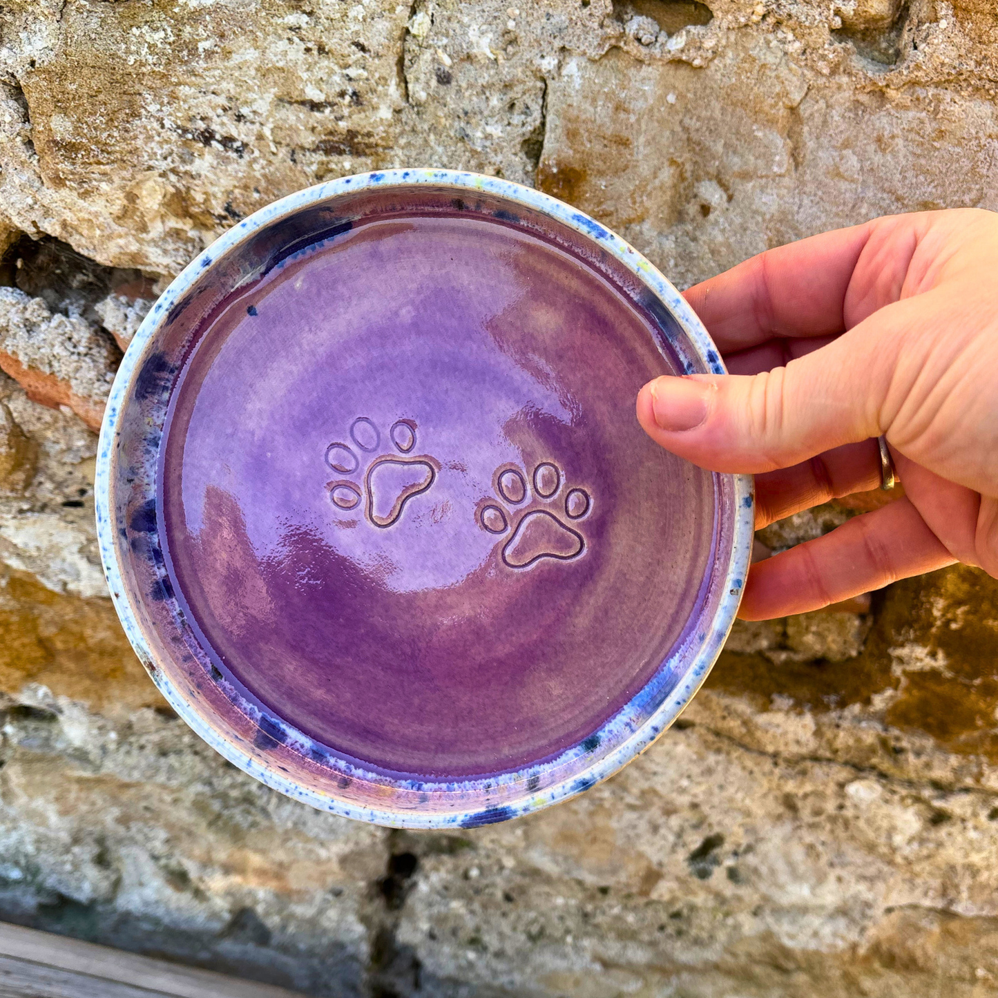Hand holding a purple ceramic bowl with paw prints against a stone background