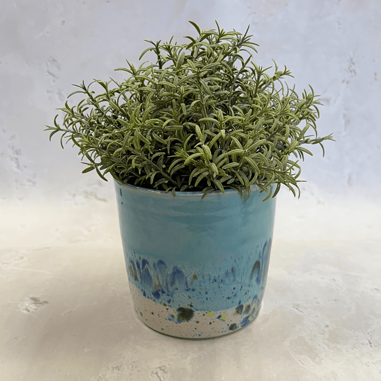 Ella Fletcher Designs Handmade Ceramic Pot in Shoreline Design - plant pot with blue and multicoloured speckles