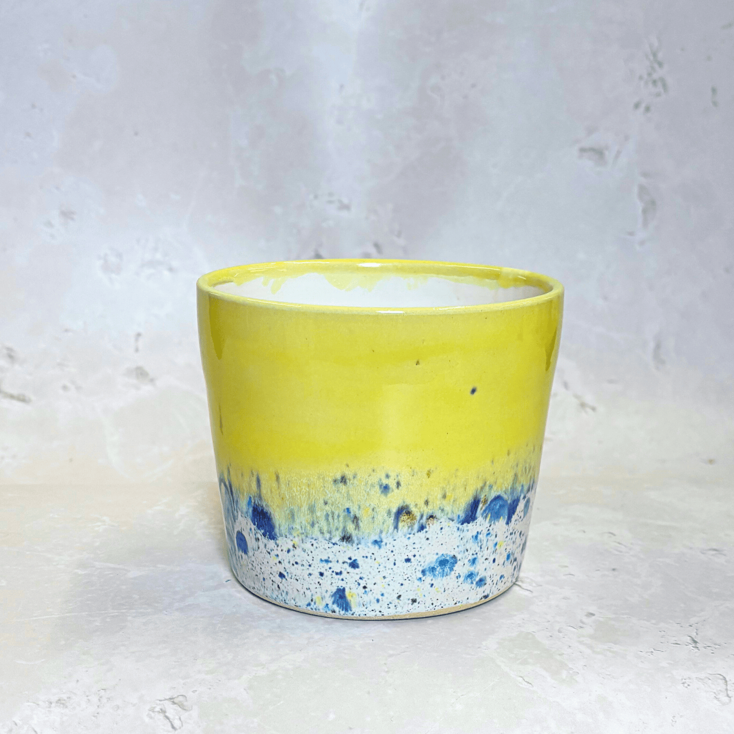 Ella Fletcher Designs Handmade Ceramic Pot in Shoreline Design - plant pot with yellow and multicoloured speckles