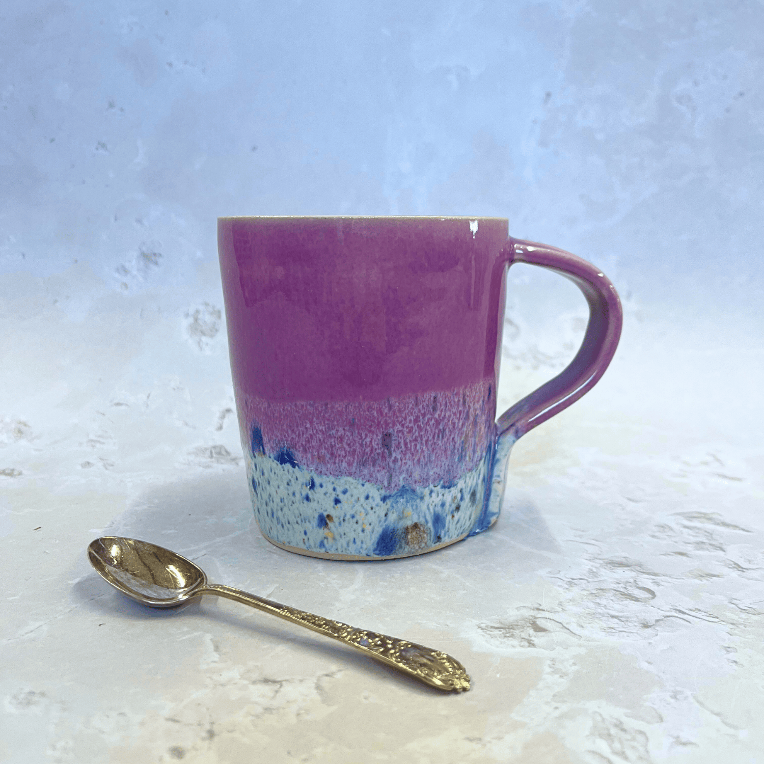 Ella Fletcher Designs Ceramic Handmade Mug in Pale Pink Shoreline Design, pale pink top half with speckled bottom half inspired by the shoreline at East Lothian beaches