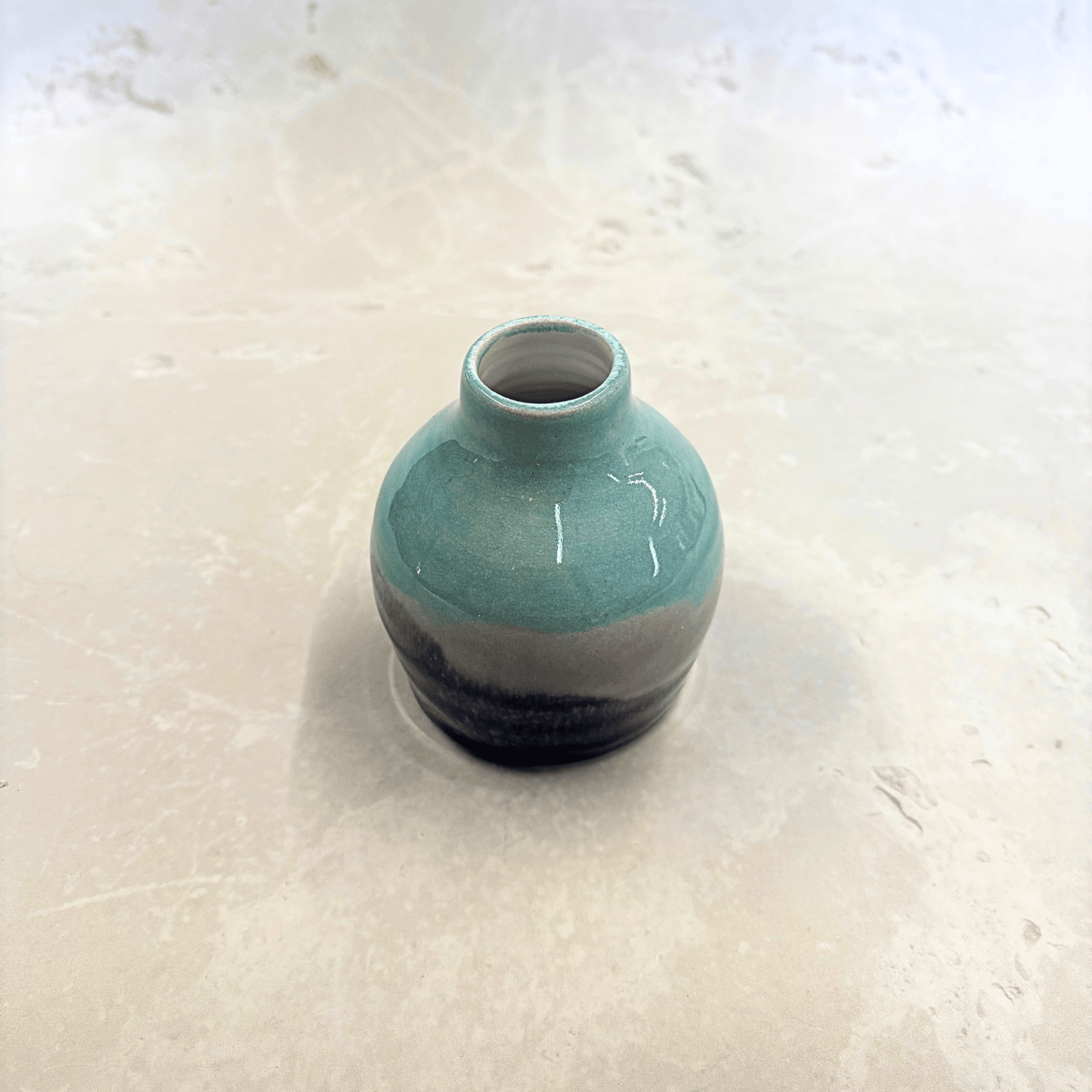 Ella Fletcher Designs Handmade UK Ceramics bud vase in Scottish Sunrise landscape design, small vase with layers of pinks and light and dark blues