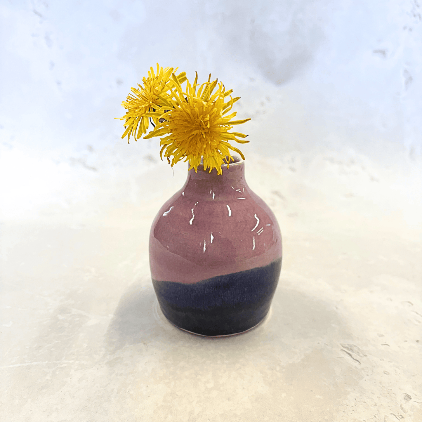Ella Fletcher Designs Handmade Ceramics bud vase in pink landscape design, small vase with layers of pink and blues