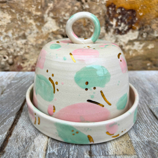 Handmade butter dish with pink and green sea glass inspired design