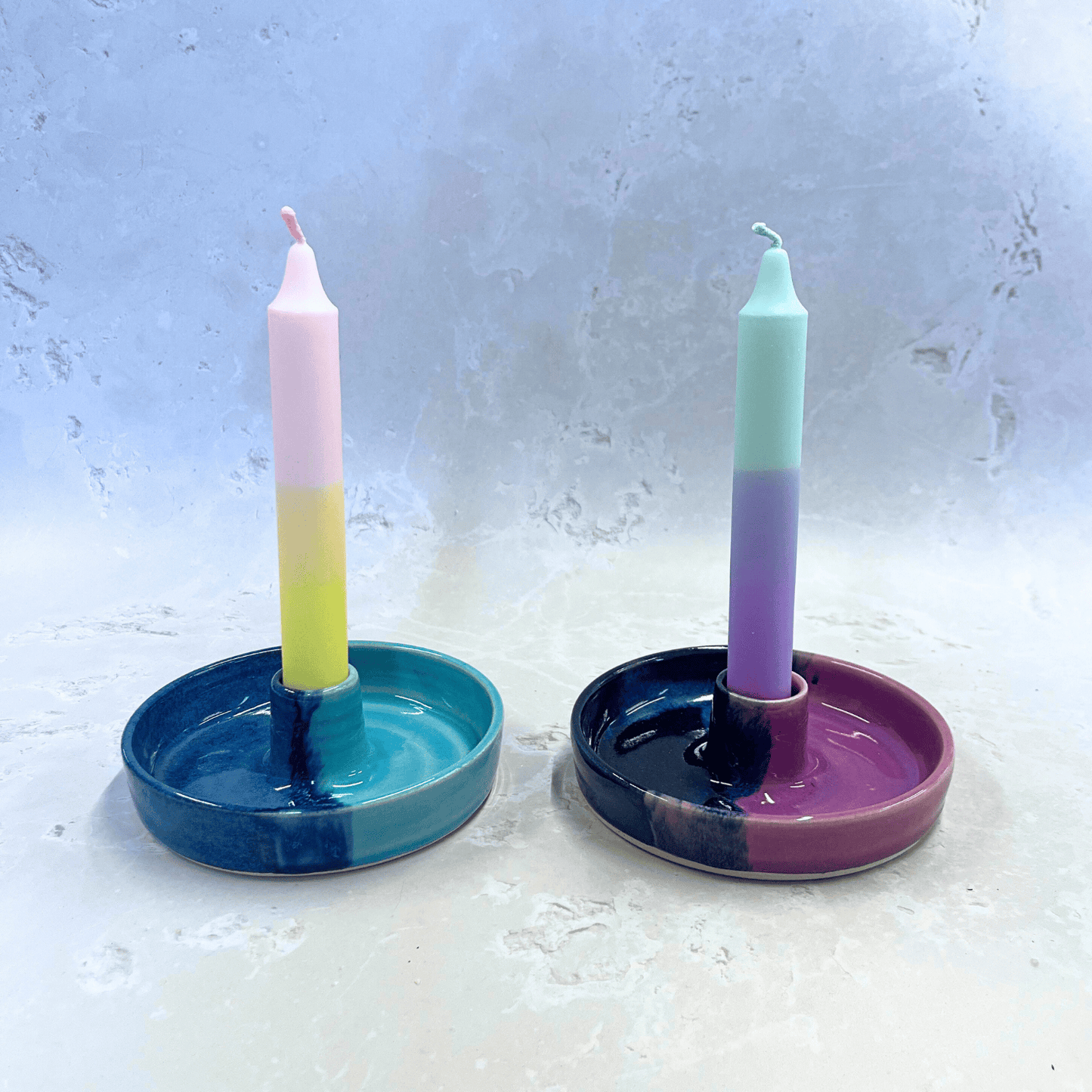 Ella Fletcher Designs Handmade Ceramic Candle Holders in Landscape Design - both pink and blue layered with darker blues inspired by the Scottish landscape