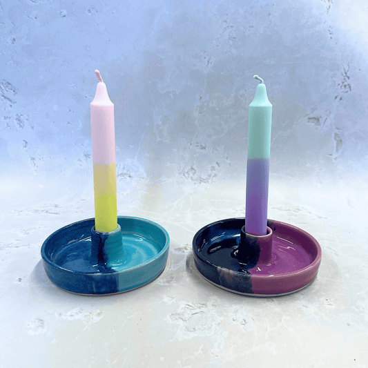 Ella Fletcher Designs Handmade Ceramic Candle Holders in Landscape Design - both pink and blue layered with darker blues inspired by the Scottish landscape