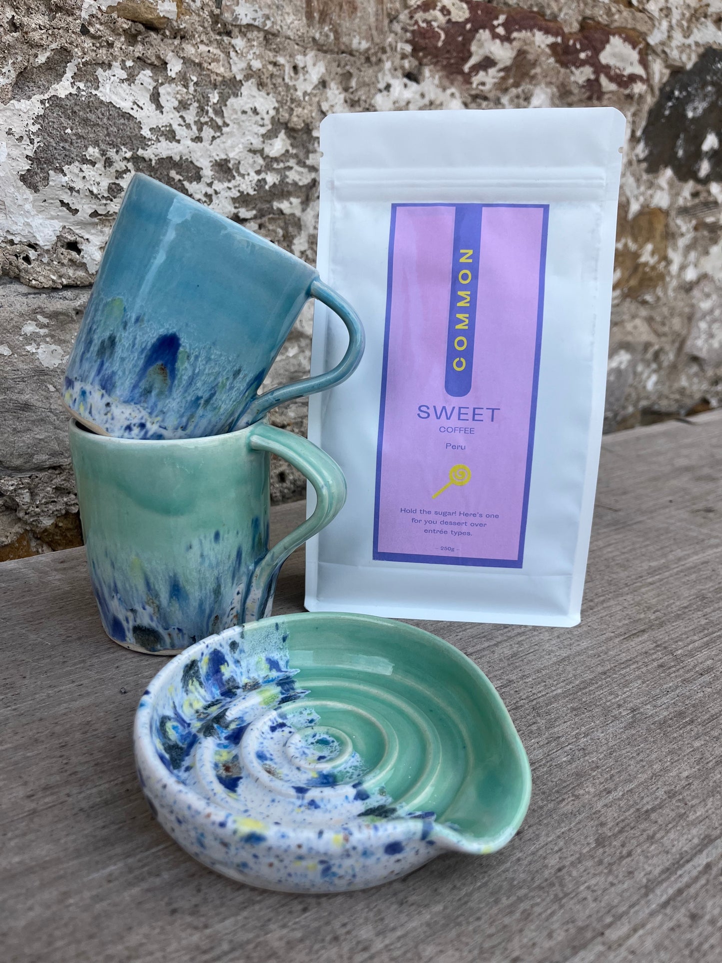 Ella Fletcher Designs Handmade Ceramic gift set, two mugs and a spoon rest with coffee