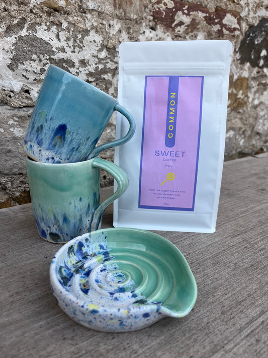 Ella Fletcher Designs Handmade Ceramic gift set, two mugs and a spoon rest with coffee