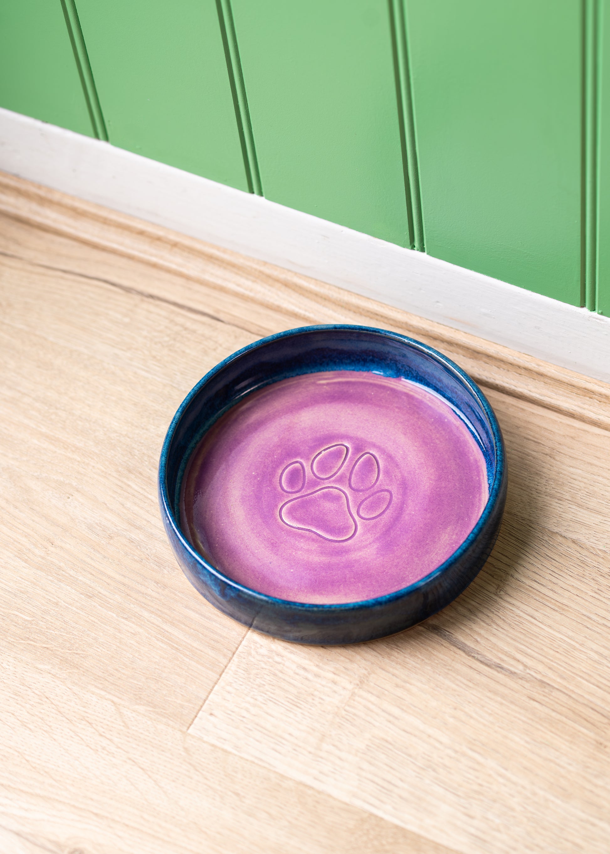 Pet bowl with purple interior and blue exterior on a wooden surface with green paneling in the background