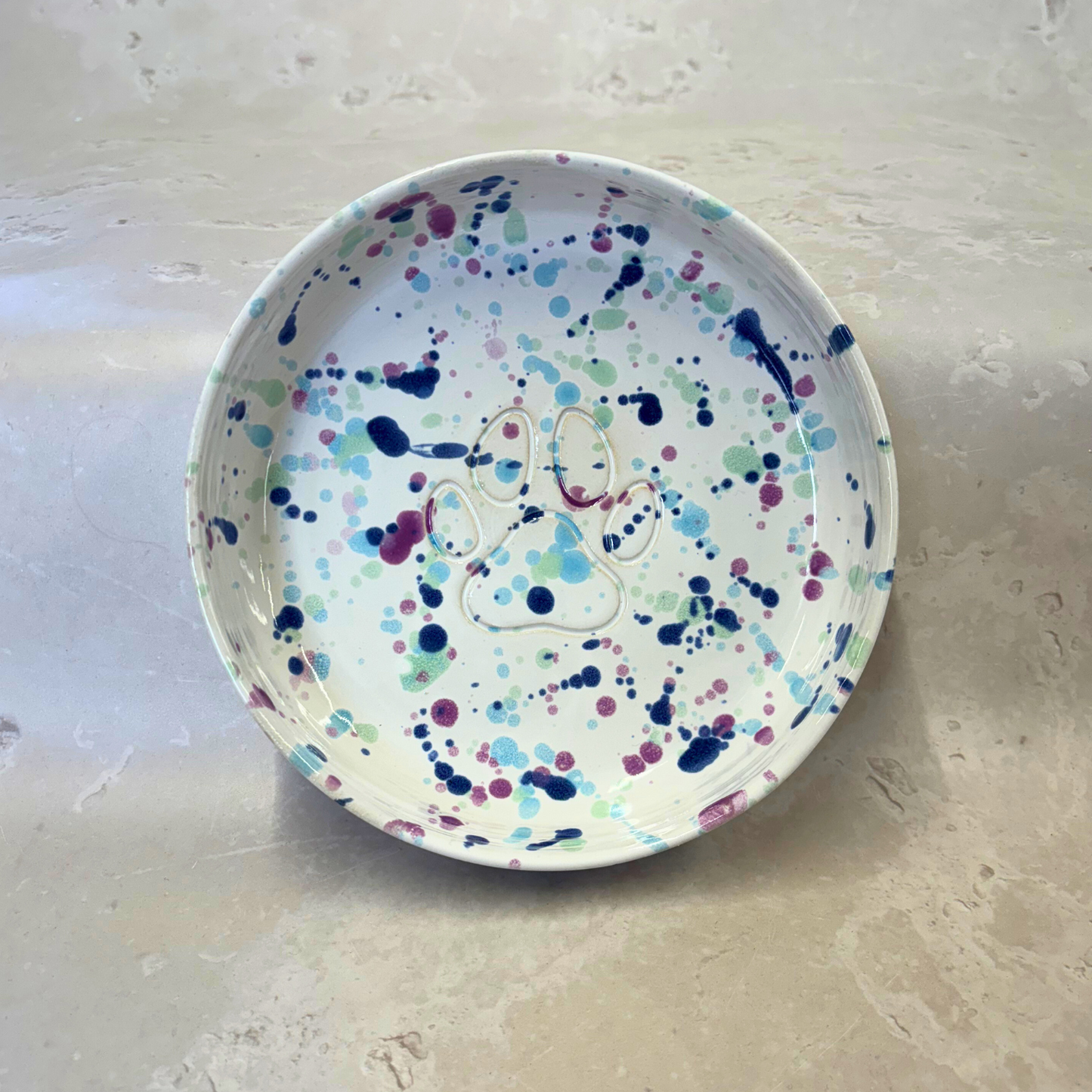 Round ceramic plate with colorful splatter design and a dog paw on a light gray background