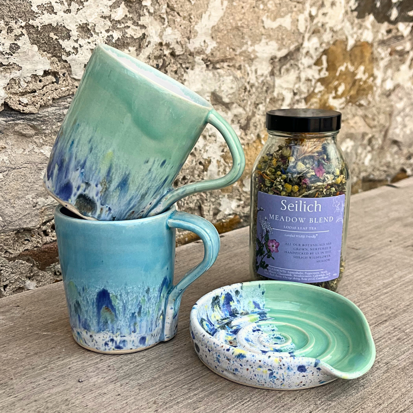 Ella Fletcher Designs Handmade Ceramic gift set, two mugs a spoon rest and some tea for two