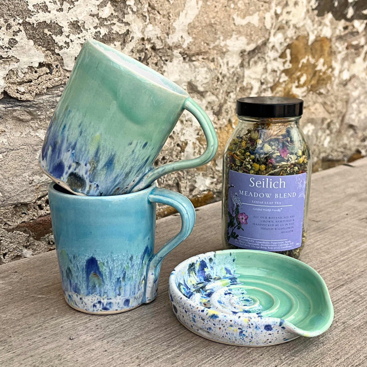 Ella Fletcher Designs Handmade Ceramic gift set, two mugs a spoon rest and some tea for two
