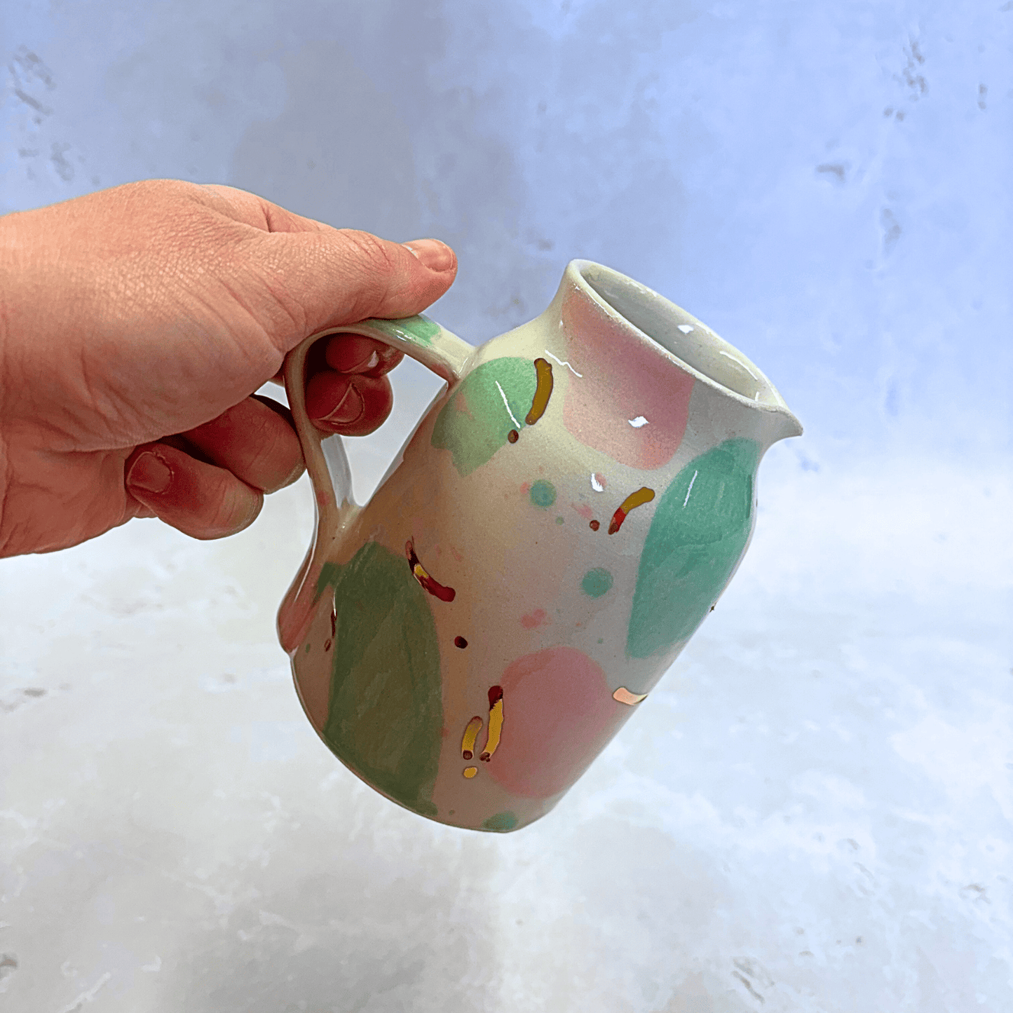 Ella Fletcher Designs Handmade Ceramic Jug in Green & Pink Sea Glass, jug with spots of pink and green with speckles of gold