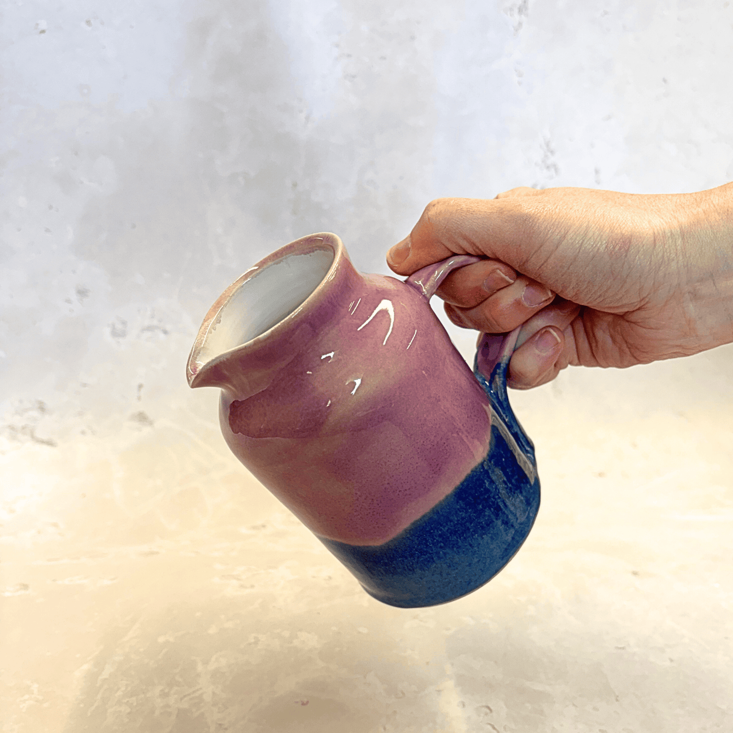 Ella Fletcher Designs Handmade Ceramic Jug in Pink Landscape, jug with layers of pink and blue