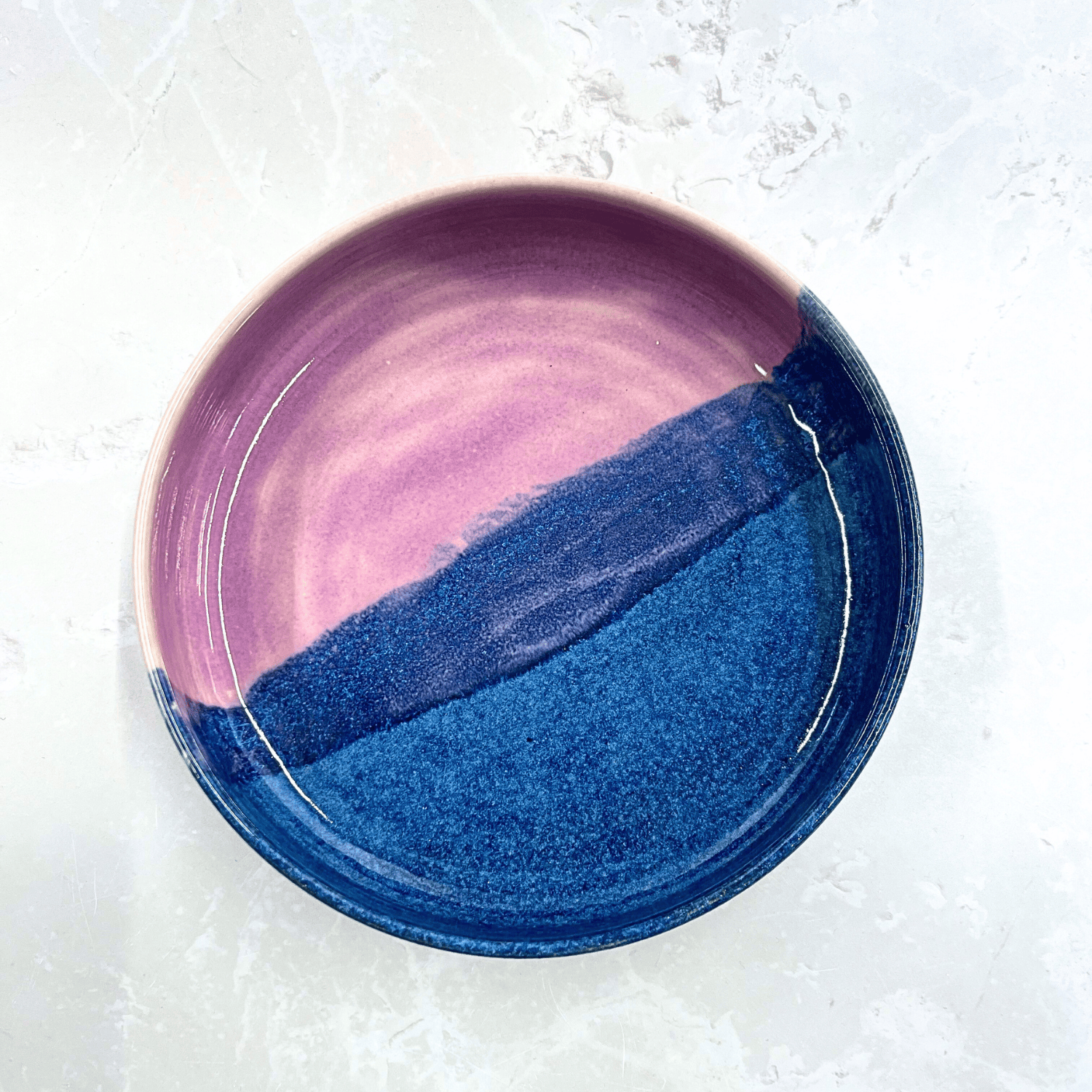 Ella Fletcher Designs Handmade Ceramic Pasta Bowl in Pink Landscape, bowl with layers of pinks and blues